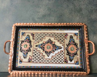 Handmade Copper Serving Tray with Handles: Decorative Ottoman Tray