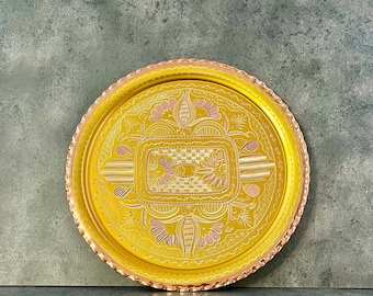 Hand Carved Copper Serving Tray: Gold Color Ottoman Tray