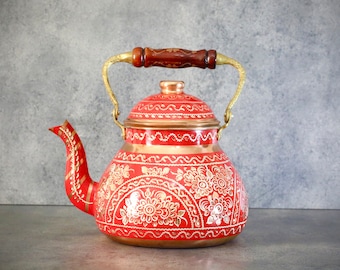 Colorful Engraved Solid Copper Tea Kettle, Antique Teapot