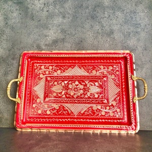 Red Rectangular Tray, Copper Serving Tray With Handles, Handmade Copper Tray, Decoration Tray, Solid Copper Tray, Copper Ottoman Large Tray