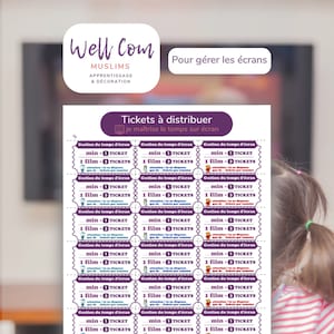 May include: A printable chart with purple and white tickets for screen time management. Each ticket is labeled with "Gestion du temps d'écran" (French for "Screen time management") and has a picture of a film reel. The tickets are labeled with "1 min - 1 ticket" and "1 film - 3 tickets".