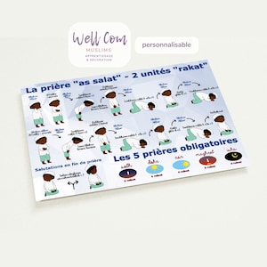 Affiche mémo plastifiée pour aider à suivre la prière - as salat (fille ou garçon personnalisable)