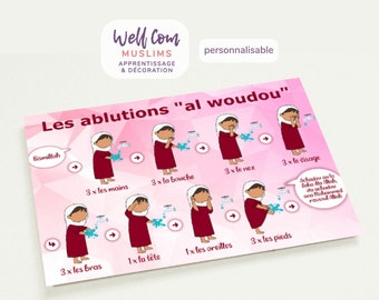 Affiche mémo plastifiée pour mémoriser les étapes des ablutions - al woudou (fille ou garçon personnalisable)