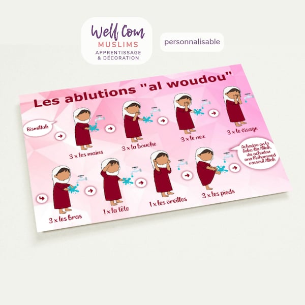 Affiche mémo plastifiée pour mémoriser les étapes des ablutions - al woudou (fille ou garçon personnalisable)