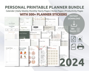 Persoonlijke afdrukbare plannerbundel, kalender, dagelijkse wekelijkse maandelijkse gezondheid, doel, productiviteit, financiën, voor commerciële sticker, POMODORO, PDF