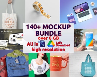 Pacchetto di oltre 140 mockup / Per uso commerciale / Mock-up / PSD / Set di mockup / Tutti i tipi di mockup / Tshirt Cup Mug Tote Bag Laptop Catalog Mockup