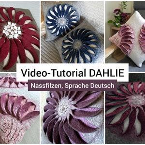 Könnte beinhalten: Eine Collage aus sechs Bildern, die verschiedene Variationen von Filzblumenkissen zeigen. Die Kissen sind in verschiedenen Farben gefertigt, darunter Rot, Rosa, Lila und Blau. Die Kissen sind alle in Blumenform, mit Blütenblättern, die entweder flach oder 3D sind. Der Text "Video-Tutorial DAHLIE Nassfilzen, Sprache Deutsch" ist in der Mitte der Collage dargestellt.