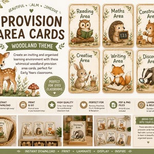 May include: A set of printable classroom provision area cards featuring a woodland theme with illustrations of an owl, hedgehog, squirrel, rabbit, fox, and badger. Each card displays text labels for specific learning areas like Reading, Maths, and Writing.