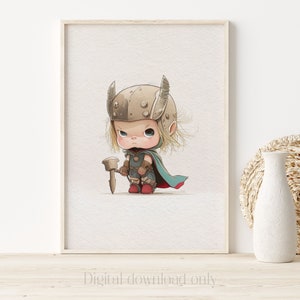 Superhero Baby Thor Watercolor Fine Art Print – Perfect for a Gender Neutral Nursery or Kids Room Decor, Digital Download