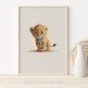 Lion Cub Safari Animal Watercolor Fine Art Print – Perfect for a Babies Nursery, Kids Room Decor or baby shower gift, Digital Download