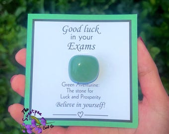 Good luck in your exams • MINI card Crystal Gift • Green Aventurine •  small meaningful gift gemstone GCSE’s SATS a levels