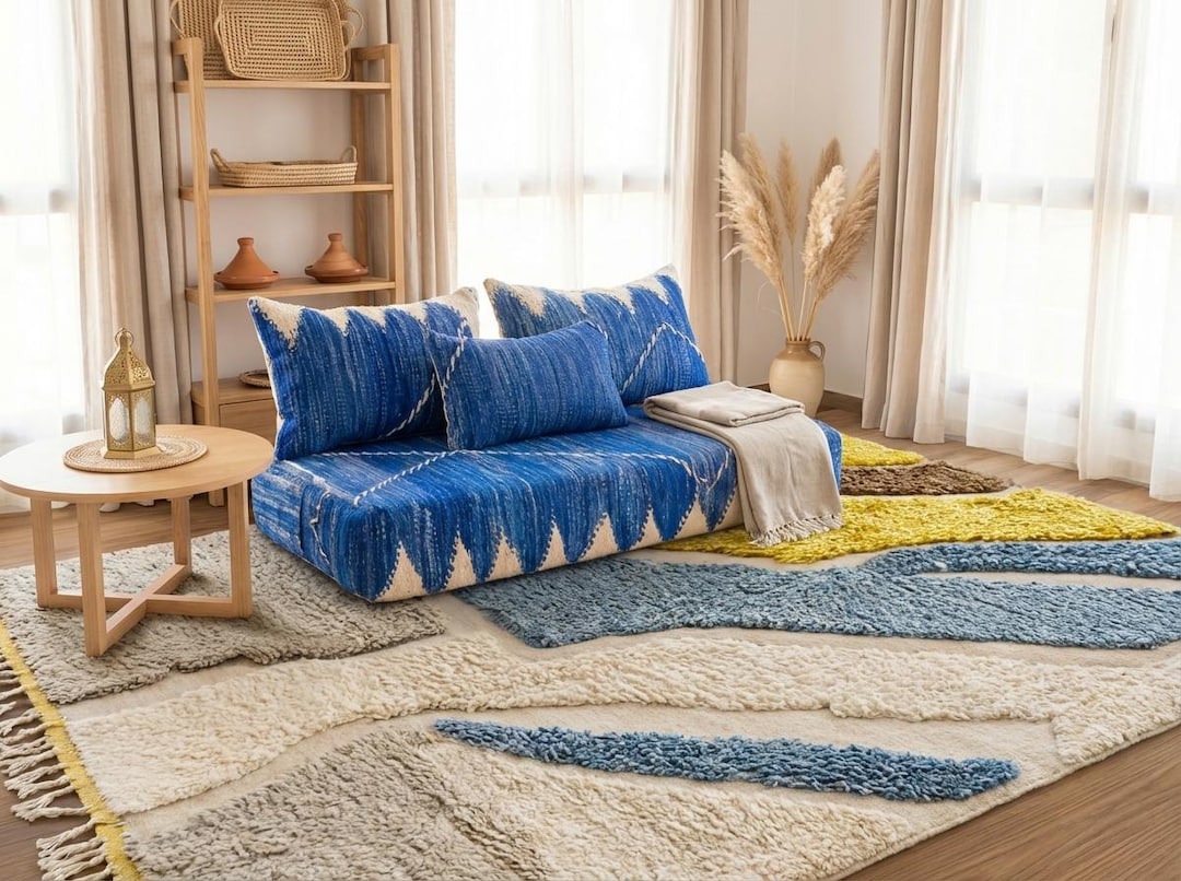 Moroccan Wool Floor Sofa Bed, Handmade Beni Ourain Loveseat, Large ...