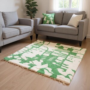 K&ouml;nnte beinhalten: Ein rechteckiger Teppich mit cremefarbenem Hintergrund und einem gr&uuml;nen, abstrakten Muster. Der Teppich liegt auf einem Holzboden vor einem grauen Sofa und einem Sessel. Ein gr&uuml;nes Kissen mit Muster liegt auf dem Sofa.