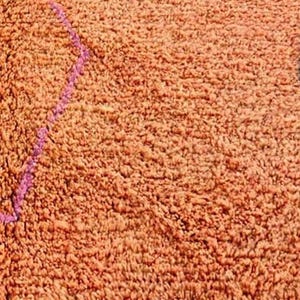Pu&ograve; includere: Primo piano di un tappeto strutturato, marrone-arancio. &Egrave; visibile una linea diagonale di cuciture rosa brillante, che crea un elemento di design a contrasto. La superficie del tappeto appare morbida e soffice, con un pelo denso e ad anello.