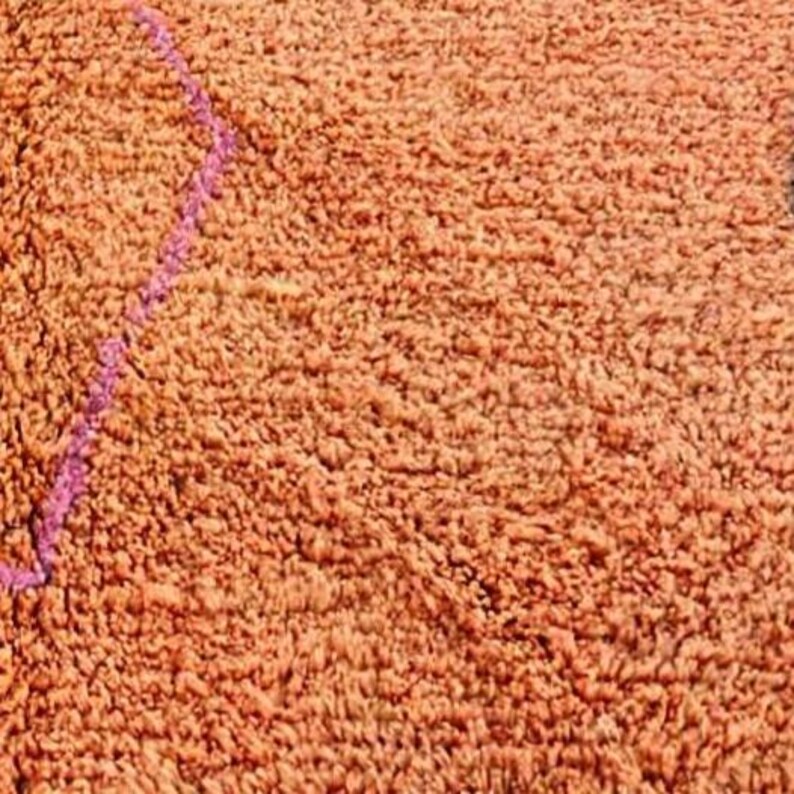 Pu&ograve; includere: Primo piano di un tappeto strutturato, marrone-arancio. &Egrave; visibile una linea diagonale di cuciture rosa brillante, che crea un elemento di design a contrasto. La superficie del tappeto appare morbida e soffice, con un pelo denso e ad anello.