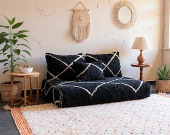 Moroccan wool floor sofa bed, handmade beni ourain loveseat, large arabic majlis sofa, Black and white togo sofa, berber custom couch covers
