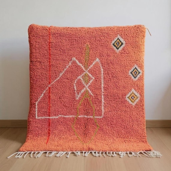 Orange moroccan rug boho, art deco area rug, sheepskin handmade rug, modern beni ourain rug, berber custom rug, small white morrocan rug