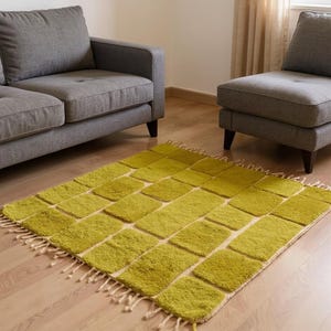 May include: A rectangular area rug with a geometric pattern of lime green squares on a cream background. The rug has a fringed edge and is placed on a hardwood floor. Two gray upholstered sofas are in the background.