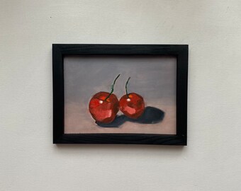 Cherry Oil Painting, Still Life Fruit Drawing for Kitchen, Handmade Poster, Entryway Wall Decor