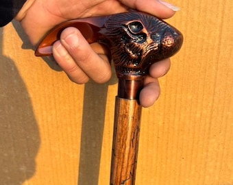 Handcrafted Wooden Walking Cane with Rabbit Head Handle Carved Floral Design Collectible Cane Gift