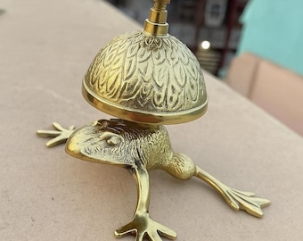 Vintage Brass Frog Desk Bell | Green Patina Finish Tabletop Service Decor