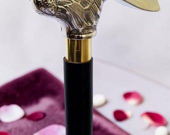 Handcrafted Wooden Walking Cane with Rabbit Head Handle Carved Floral Design Collectible Cane Gift