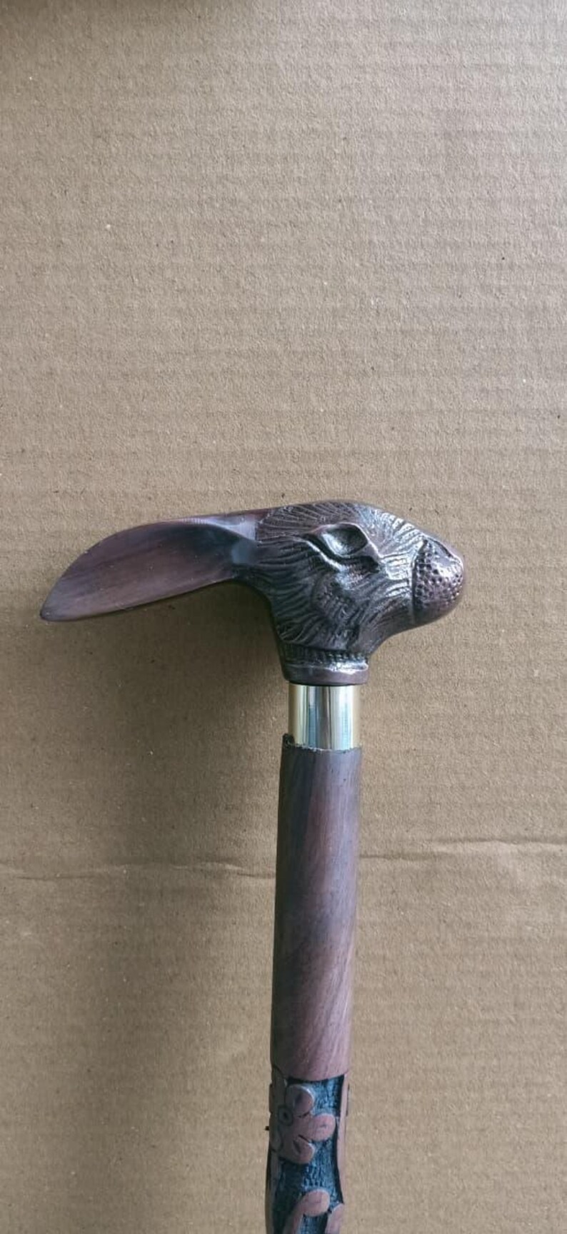 Handcrafted Wooden Walking Cane With Rabbit Head Handle Carved Floral ...