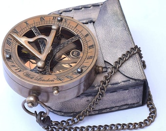 Brass Nautical sundial pocket compass with leather case cane vintage gift