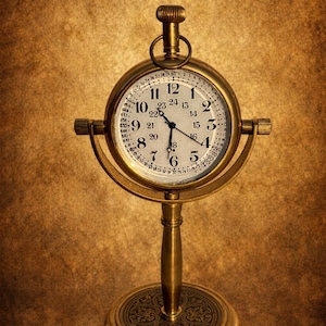 May include: A vintage brass desk clock with a white face and black numerals. The clock has a round face with a ring at the top and is supported by a stand with a decorative base. The clock measures approximately 6 inches tall.