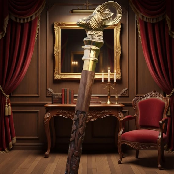 Brass Ram Head Walking Cane, Handcrafted Wooden Walking Stick, Vintage Gentleman Style