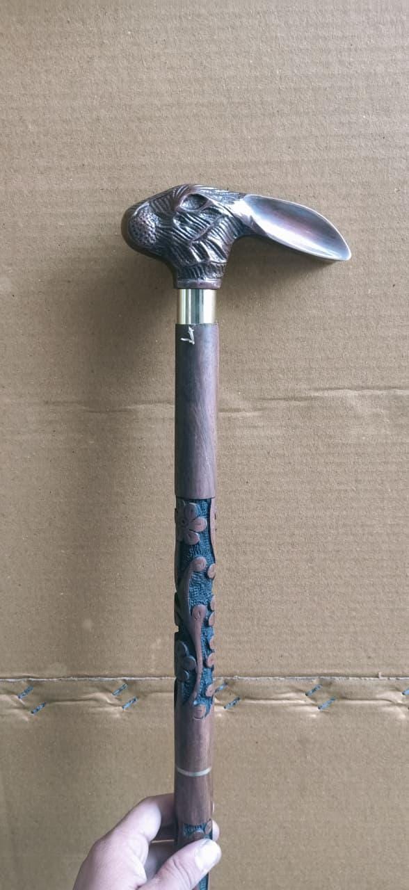 Handcrafted Wooden Walking Cane With Rabbit Head Handle Carved Floral ...