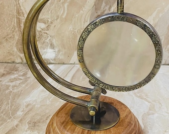 Brass Magnifying Glass on Wooden Stand: Antique Style Desk Decor