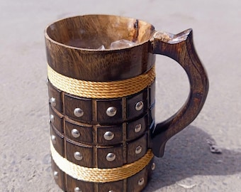 Wooden Beer Mug, Viking Style Tankard with Rope Design and Metal Studs, Brown Wood