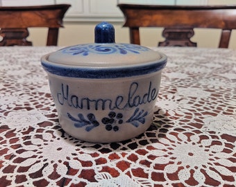 Vintage Hand Painted Blue Floral Marmelade Jar made from Pottery