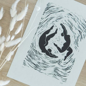 Original linocut print "Linocut Figures" // Handprinted // A4