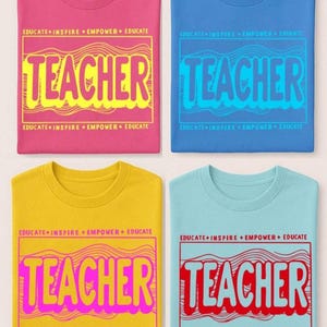 Retro Teacher PNG – Groovy Back to School Sublimation – Teach Love Inspire Design – Colorful Digital Download for Shirts. 5 print colors