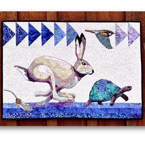 Block 3 of  HARE THEY ARE! pdf quilt pattern: "The Race", a classic Tortoise and Hare show-down wall quilt, raw-edge appliqué. (20" x 28")