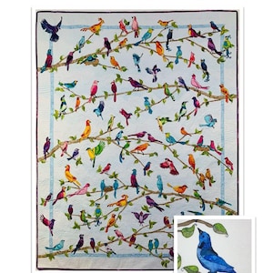 REAL TWEETS (70" x 90") PDF quilt pattern.   100 adorable birds, (50 pairs) created using raw-edged appliqué.  A bright and colourful quilt!