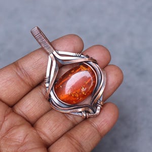 Handmade Copper Wire Wrap Pendant: Baltic Amber Gemstone Boho Jewelry