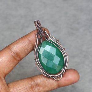 Handmade Copper Wire Wrapped Emerald Pendant - Boho Gemstone Jewelry