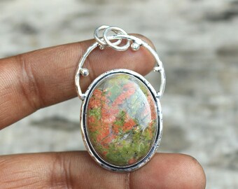 Pendentif En Argent 925 Avec Pierre Unakite Naturelle - Fait Main - Longueur 2.75 Pouces