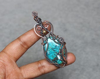 Handmade Copper Wire Wrapped Chrysocolla Pendant - Boho Gemstone Jewelry