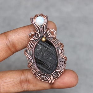 Unique Black Tourmaline Druzy Pendant Handmade Copper Wire Wrap Pendant Jewelry Boho Pendant Gemstone Pendant For Gift Moonstone Pendant
