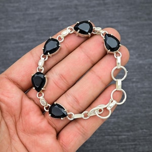 Faceted Black Onyx Bracelet: Handmade 925 Sterling Silver, 8 Inch