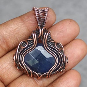 Handmade Copper Wire Wrap Pendant: Faceted Blue Sapphire Boho Jewelry