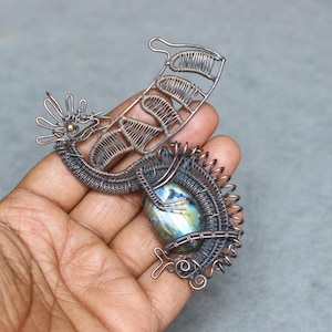 Labradorite Dragon Pendant: Copper Wire Wrapped Gemstone Jewelry
