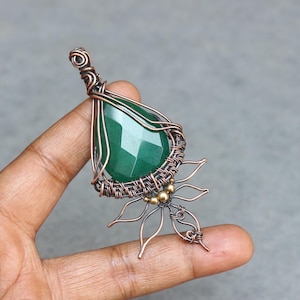 Handmade Copper Wire Wrapped Emerald Pendant: Boho Gemstone Jewelry