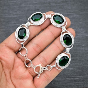 Faceted Emerald 925 Sterling Silver Bracelet - Handmade