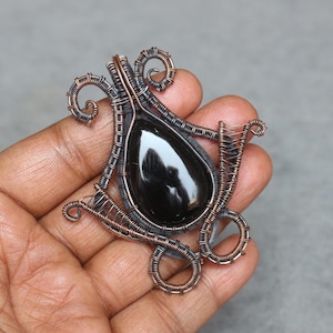 Black Onyx Copper Wire Wrapped Pendant - Boho Gemstone Jewelry