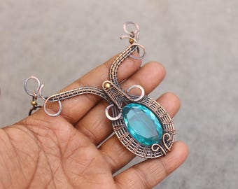 Blue Topaz Copper Wire Wrap Handmade Necklace: Boho Gemstone Necklace Jewelry